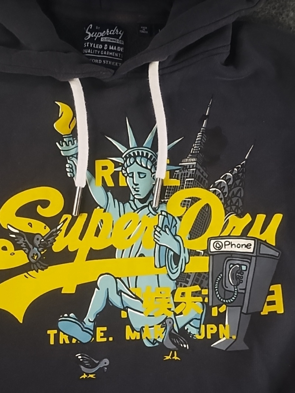 Superdry Men's Charcoal Hoodie with Yellow & Light Blue Graphic - Picture 3 of 8